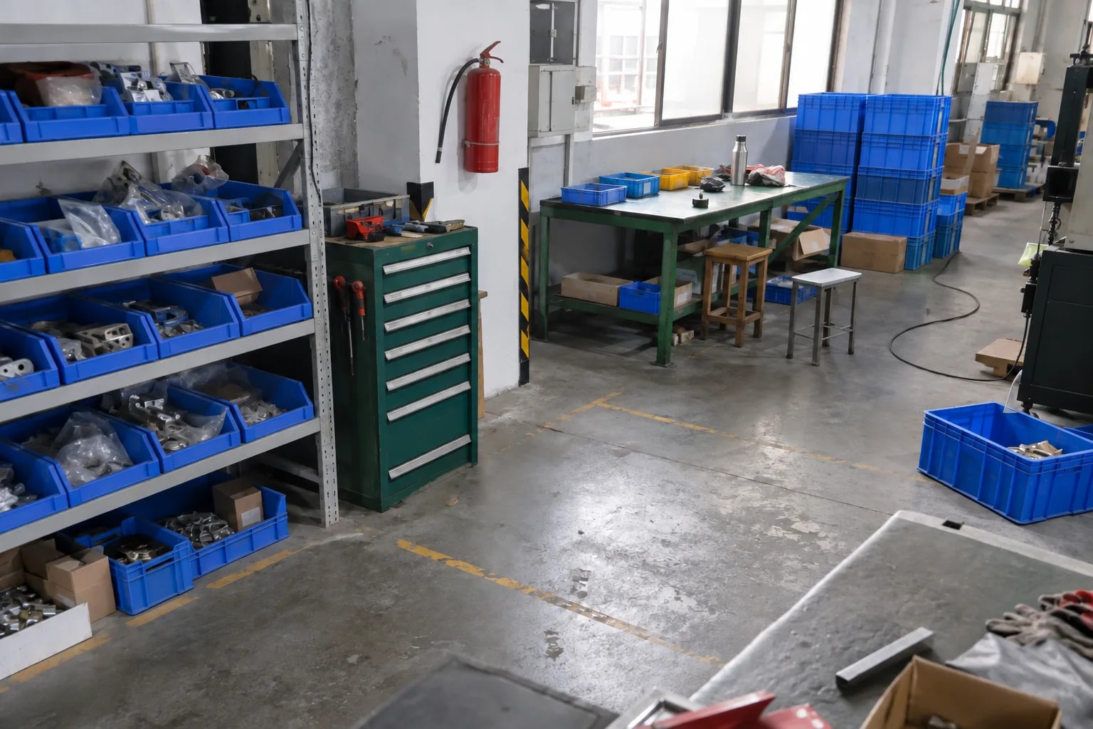 ライン脇の資材置き場と工具室