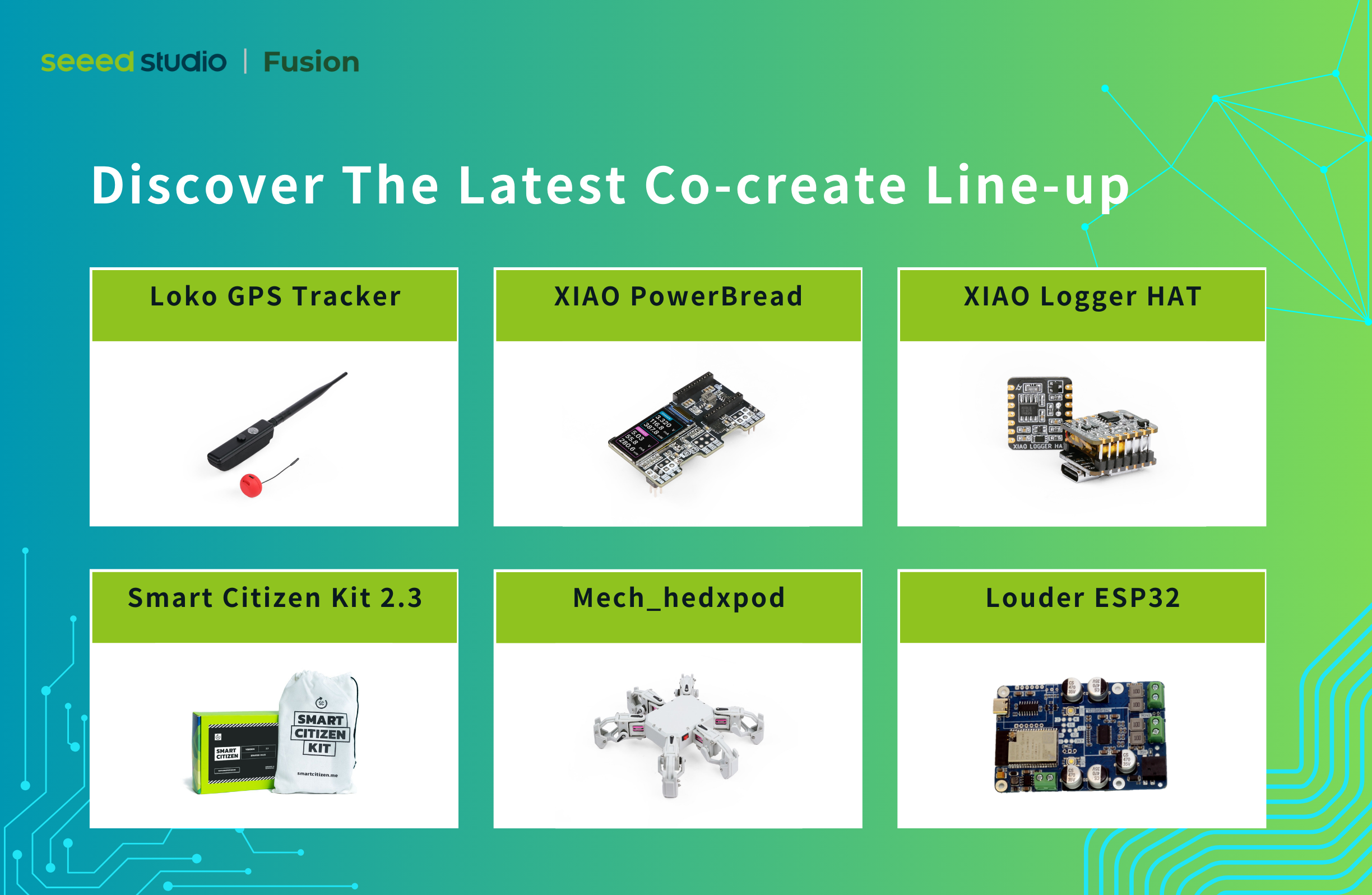 最新のCo-create製品ラインナップをご紹介:Loko GPS Tracker、XIAO PowerBread、XIAO Logger HAT、Smart Citizen Kit、Mech_hexpod、Louder ESP32